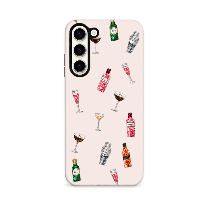 Festive drinks on a pale pink background phone case.