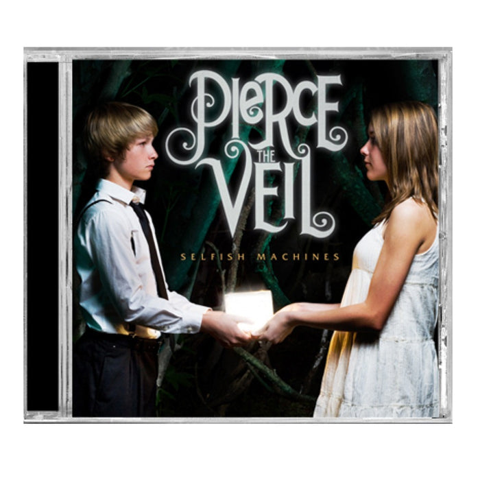Pierce The Veil CD cover for Selfish Machines features a boy and girl facing each other, holding a glowing white box against a dark, forest-like background with the brand name above.