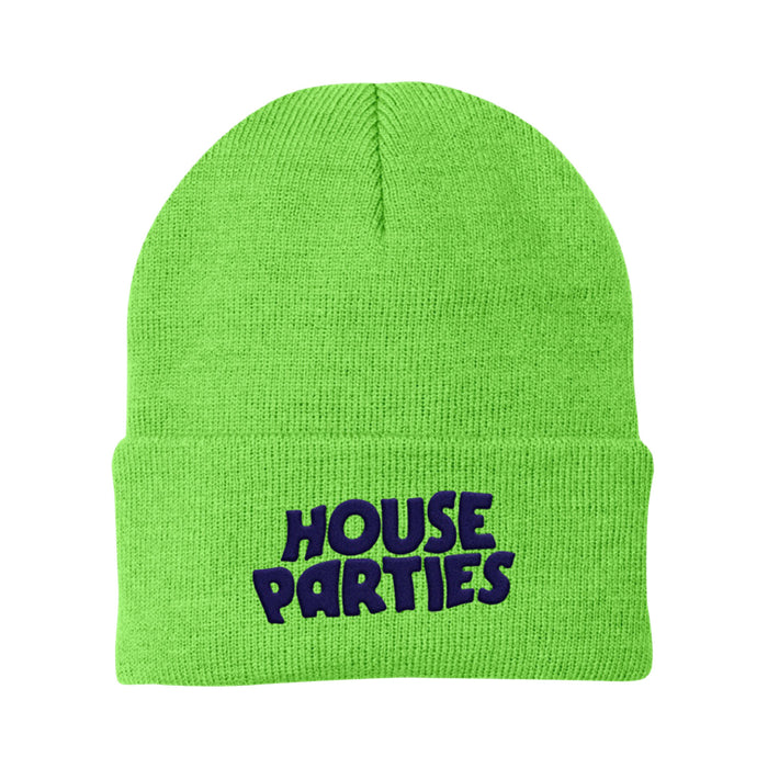 The House Parties neon green knit beanie features "HOUSE PARTIES" in bold, dark blue letters on the brim—ideal for adding vibrant winter energy to your style.