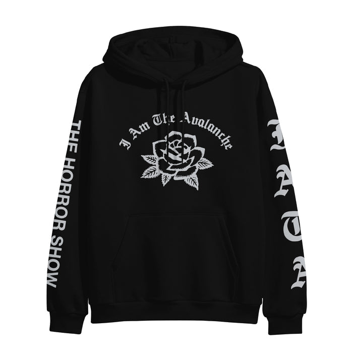 Black printed hoodie by I Am The Avalanche with white text and graphics. A rose and the band name appear on the chest, while bold custom lettering runs down each sleeve for a striking look.