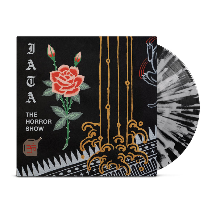 A black with grey splatter LP partially slides out of its cover, featuring a red rose, gold drips, and Japanese-inspired art. Text reads "JATA" and "The Horror Show" by I Am The Avalanche—ideal for any Horror Show vinyl collection or presale.