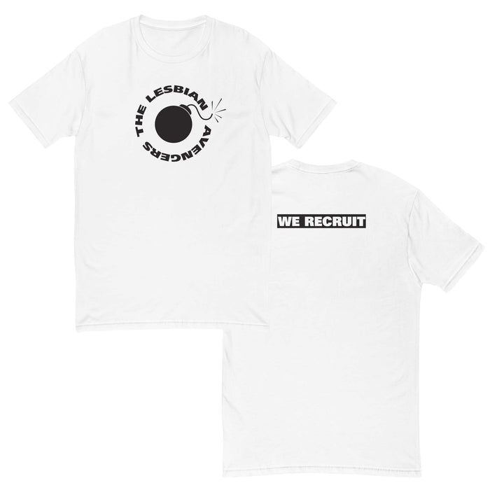 white t-shirt with black The Lesbian Avengers and bomb graphic on front and WE RECRUIT on the back on a white background