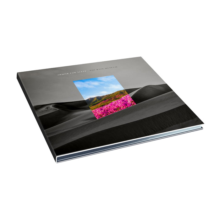 The background of this album is a gloomy black and white dune landscape. In the middle of the album cover is a rectangle with a clear blue sky with green hills and pink flowers. Above the rectangle reads ARMOR FOR SLEEP in white small letters and nect to it reads THE RAIN MUSEUM in black small letters.