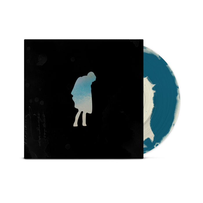A blue and cream vinyl peeks out of a black jacket with a cream and blue figure that is leaning over.