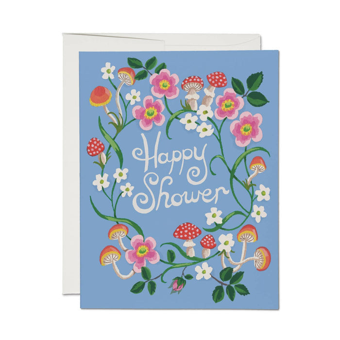 Blue floral greeting card with mushrooms, vines, and βHappy Showerβ text