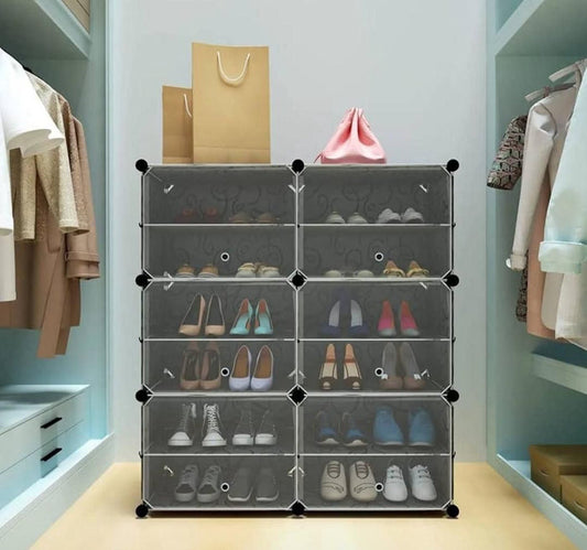 10-Cube Modular Shoe Rack with Doors – Transparent Black