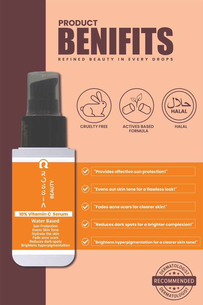 showing benefits of Rossia Beauty Vitamin C 10% Serum, including brightening skin, reducing dark spots, evening skin tone, and boosting glow.