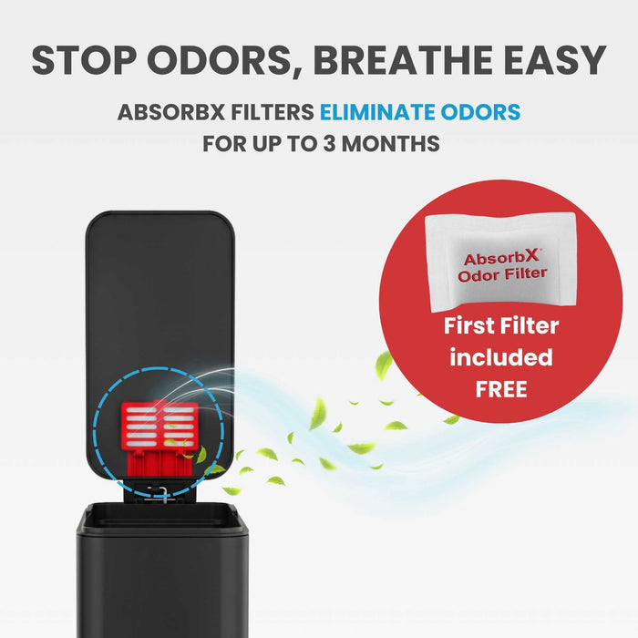 Image illustrating the odor elimination feature of the iTouchless trash can, showing the AbsorbX odor filter in the lids that control smells for up to 3 months.