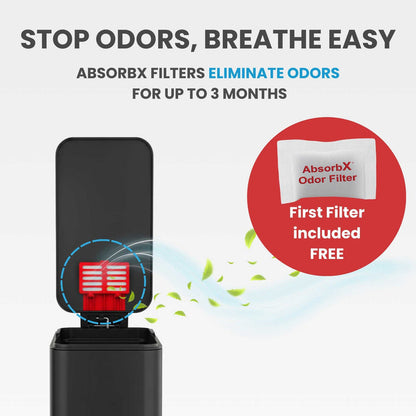 Image illustrating the odor elimination feature of the iTouchless trash can, showing the AbsorbX odor filter in the lids that control smells for up to 3 months.