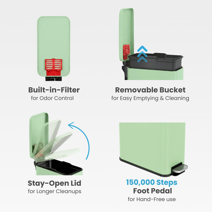 Close-up view of the iTouchless PS03RGN 11L step trash can highlighting its key features: built-in AbsorbX odor control filter, removable inner bucket for easy cleaning, stay open lid, and durable foot pedal.