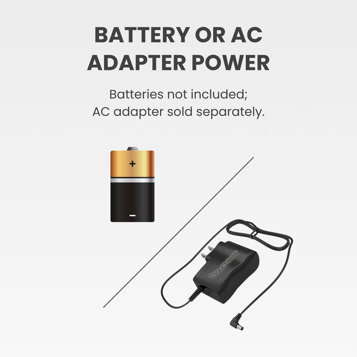 iTouchless 4-gallon sensor trash can power options with battery and AC adapter shown