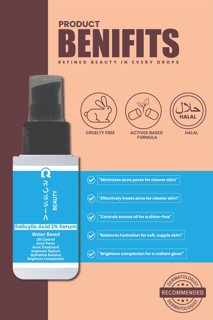showing key benefits of Rossia Beauty  2% Salicylic Acid Serum for oily and acne-prone skin, including unclogging pores, reducing acne, and controlling oil.