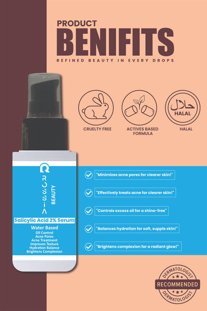 showing key benefits of Rossia Beauty  2% Salicylic Acid Serum for oily and acne-prone skin, including unclogging pores, reducing acne, and controlling oil.