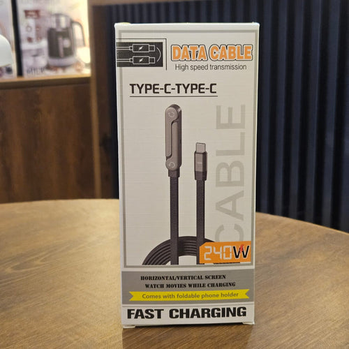 240W Type-C to Type-C Fast Charging Cable T16 | Built-in Foldable Phone Stand | 1.5M 480Mbps | Black