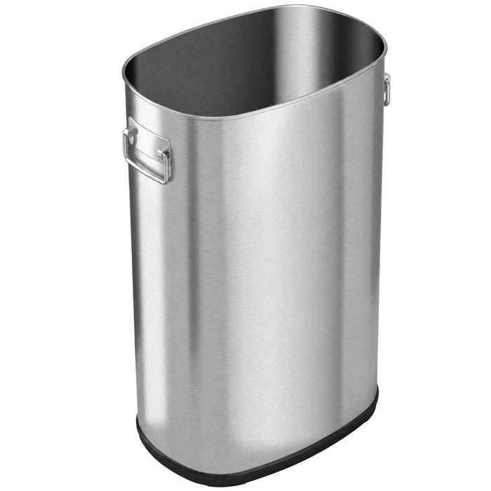 Slim 30-gallon stainless steel open-top trash can with a wide oval opening, side handles, and a space-saving design.