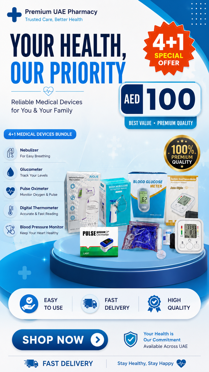 4+1 Medical Devices Bundle – Nebulizer, Glucometer, Pulse Oximeter, Thermometer & BP Monitor | AED 100