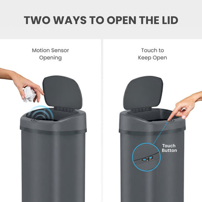 An image showing the iTouchless ITOS13GY gray stainless steel 50L sensor trash can has two ways to open the lid; motion sensor and touch button