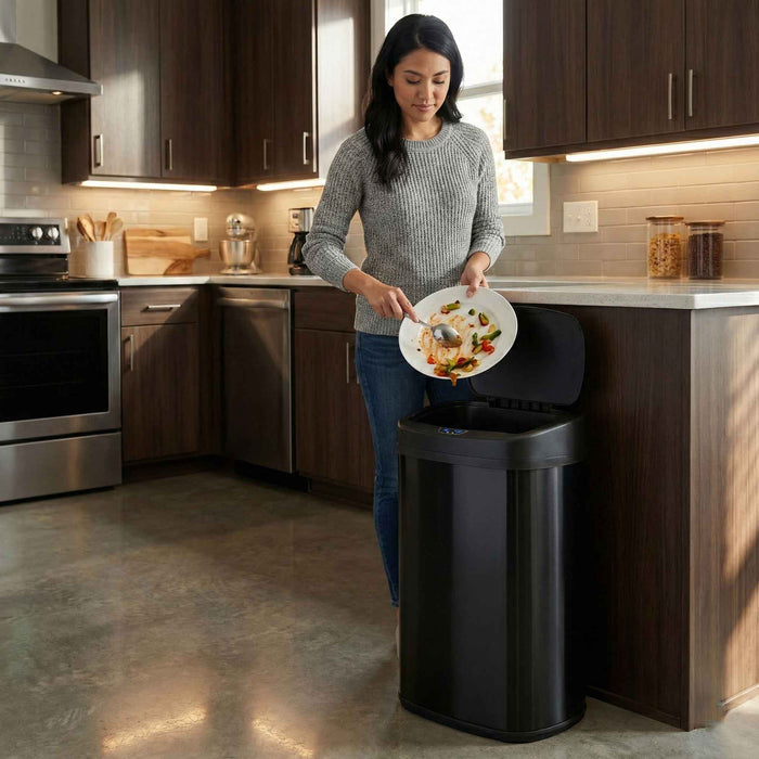 A woman in a modern kitchen using the iTouchless ITOS13BK black stainless steel 50L sensor trash can to throw garbage away.