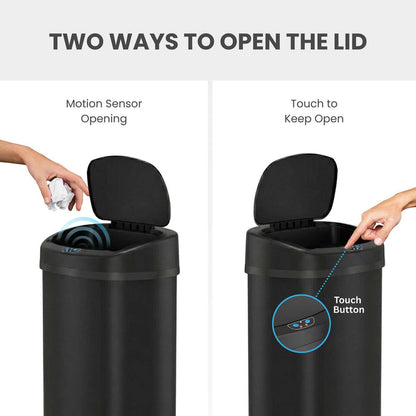 An image showing the iTouchless ITOS13BK white stainless steel 50L sensor trash can has two ways to open the lid; motion sensor and touch button