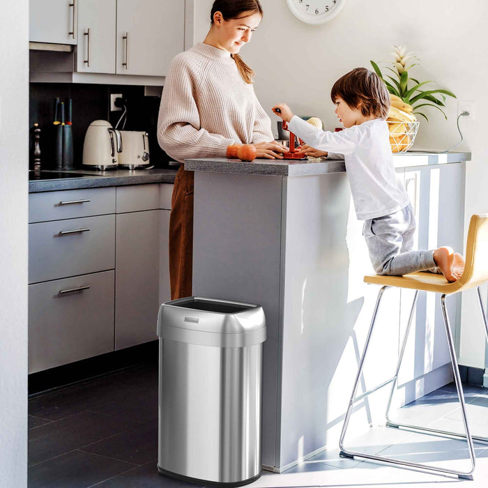 13 Gallon Elliptical Open Top Trash Can with Wheels in kitchen