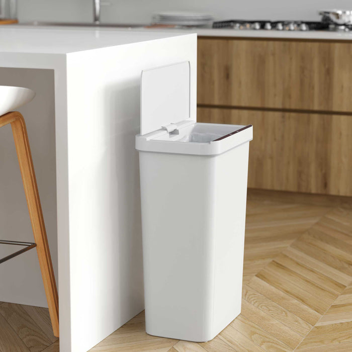 13.2 Gallon / 50 Liter Prime Plastic Sensor Trash Can (White) in kitchen