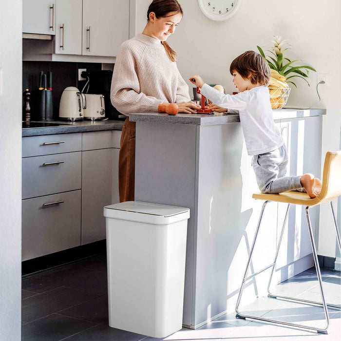 13.2 Gallon / 50 Liter Prime Plastic Sensor Trash Can (White) in kitchen
