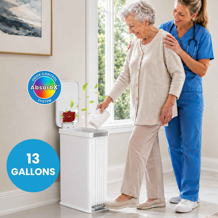 50 Liter / 13.2 Gallon SoftStep Elongated Step Pedal Adult Diaper Pail with AbsorbX Odor Filter (Matte White Plastic)