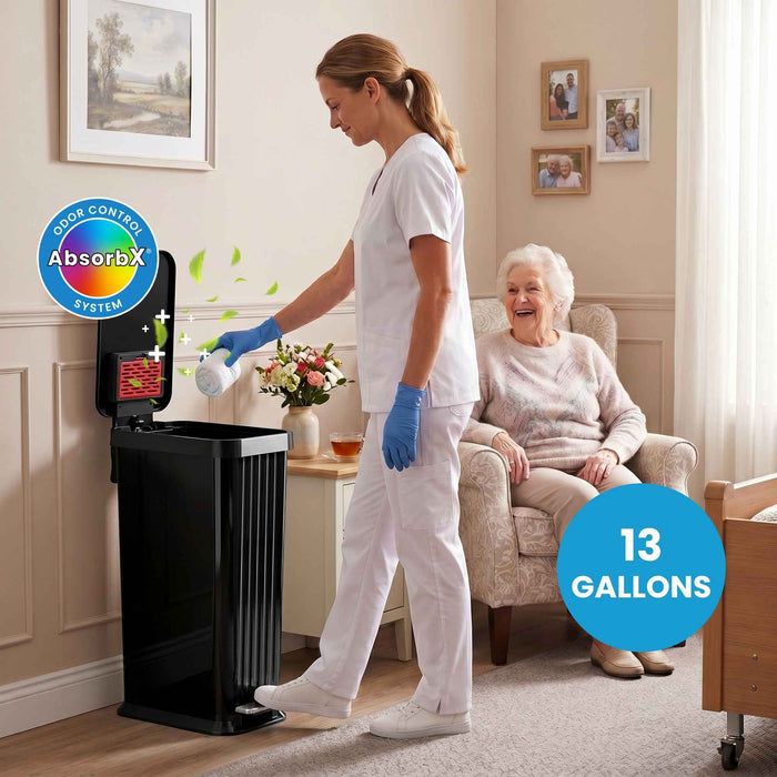 50 Liter / 13.2 Gallon SoftStep Elongated Step Pedal Adult Diaper Pail with AbsorbX Odor Filter (Matte Black Plastic)