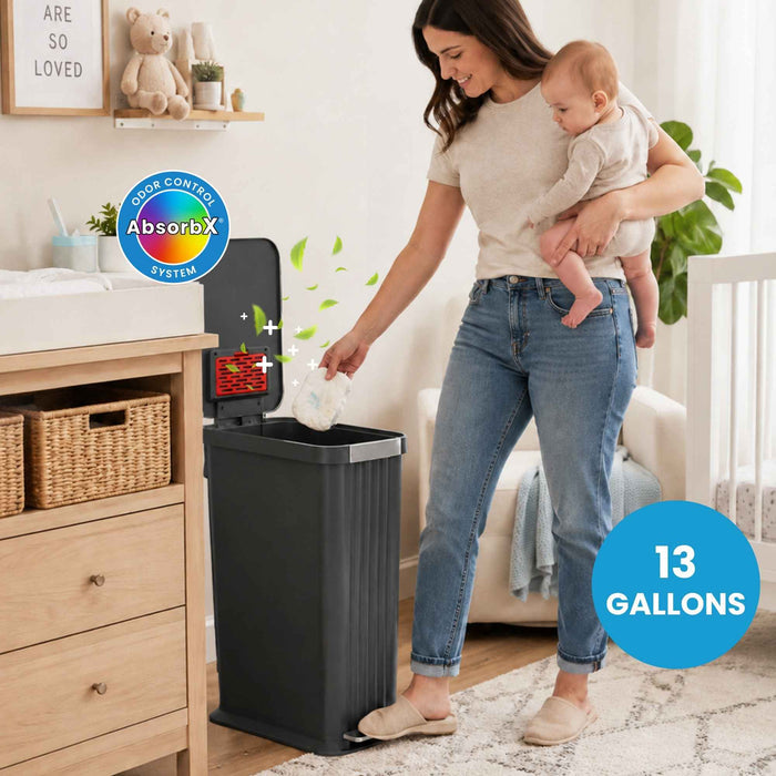 50 Liter / 13.2 Gallon SoftStep Elongated Step Pedal Baby Diaper Pail with AbsorbX Odor Filter (Matte Gray Plastic)