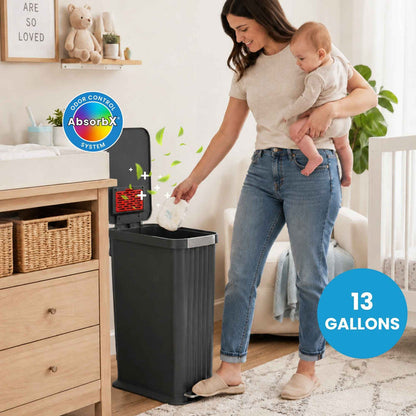 50 Liter / 13.2 Gallon SoftStep Elongated Step Pedal Baby Diaper Pail with AbsorbX Odor Filter (Matte Gray Plastic)