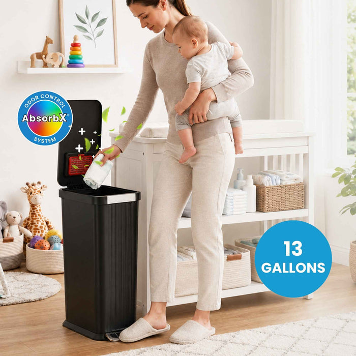 50 Liter / 13.2 Gallon SoftStep Elongated Step Pedal Baby Diaper Pail with AbsorbX Odor Filter (Matte Black Plastic)