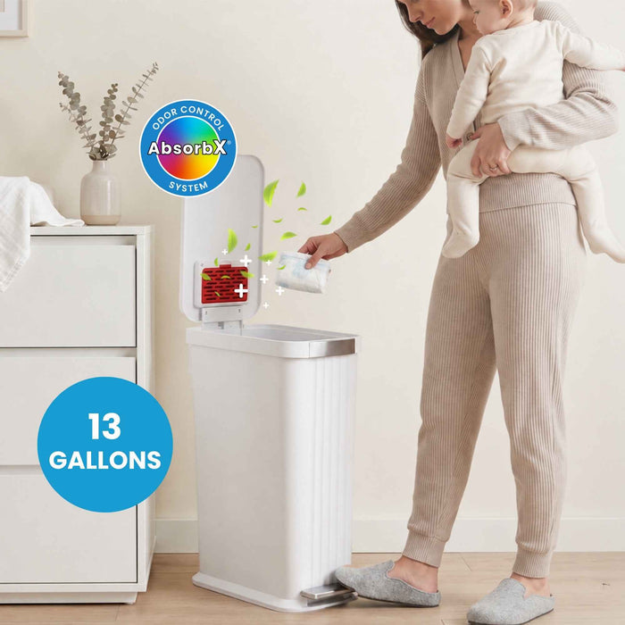 50 Liter / 13.2 Gallon SoftStep Elongated Step Pedal Baby Diaper Pail with AbsorbX Odor Filter (Matte White Plastic)