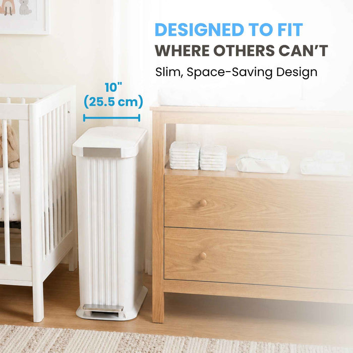 50 Liter / 13.2 Gallon SoftStep Elongated Step Pedal Baby Diaper Pail with AbsorbX Odor Filter (Matte White Plastic)