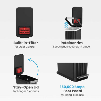 Close-up view of the iTouchless PE13BB black step pedal trash can highlighting its key features: built-in AbsorbX odor control filter, trash bag retainer rim, stay open lid, and durable foot pedal.