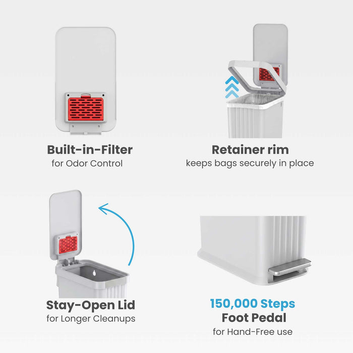 Close-up view of the iTouchless PE13OO stone gray step pedal trash can highlighting its key features: built-in AbsorbX odor control filter, trash bag retainer rim, stay open lid, and durable foot pedal.