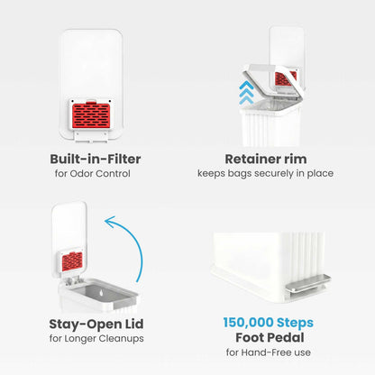 Close-up view of the iTouchless PE13WW chalk white step pedal trash can highlighting its key features: built-in AbsorbX odor control filter, trash bag retainer rim, stay open lid, and durable foot pedal.