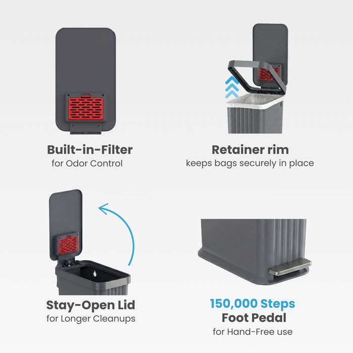 Close-up view of the iTouchless PE13GG gray step pedal trash can highlighting its key features: built-in AbsorbX odor control filter, trash bag retainer rim, stay open lid, and durable foot pedal.