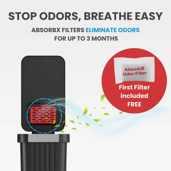 Image illustrating the odor elimination feature of the iTouchless PE13BB black step trash can, showing the AbsorbX odor filter in the lid that controls smells for up to 3 months.
