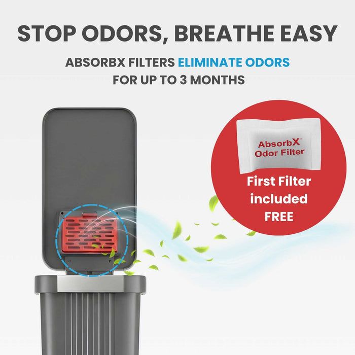 Image illustrating the odor elimination feature of the iTouchless PE13GG gray step trash can, showing the AbsorbX odor filter in the lid that controls smells for up to 3 months.