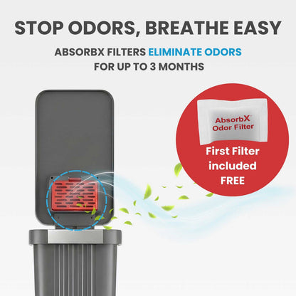 Image illustrating the odor elimination feature of the iTouchless PE13GG gray step trash can, showing the AbsorbX odor filter in the lid that controls smells for up to 3 months.