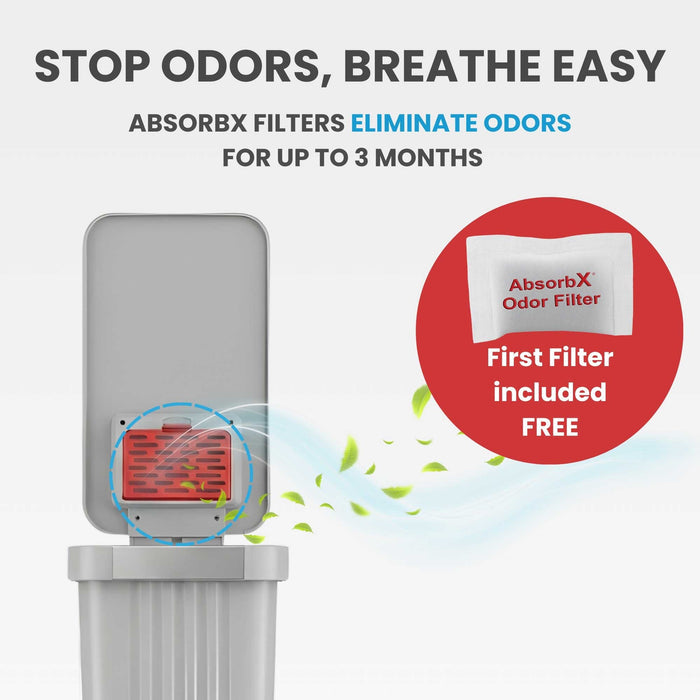Image illustrating the odor elimination feature of the iTouchless PE13OO stone gray step trash can, showing the AbsorbX odor filter in the lid that controls smells for up to 3 months.