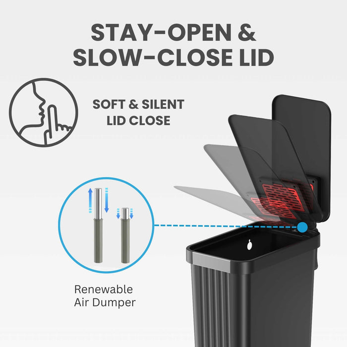 iTouchless PE13BB black step on kitchen trash can stay open and slow close lid