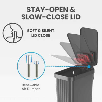 iTouchless PE13GG gray step on kitchen trash can stay open and slow close lid