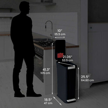 Size perspective image of the iTouchless PE13BB trash can next to a silhouette of a person, displaying its full dimensions in inches and centimeters (41.3 inch height with lid open).
