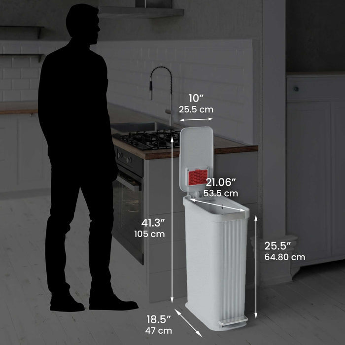 Size perspective image of the iTouchless PE13OO trash can next to a silhouette of a person, displaying its full dimensions in inches and centimeters (41.3 inch height with lid open).
