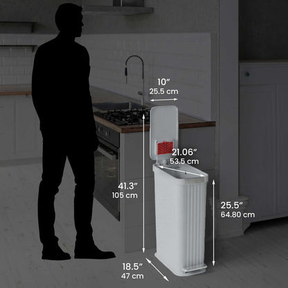 Size perspective image of the iTouchless PE13OO trash can next to a silhouette of a person, displaying its full dimensions in inches and centimeters (41.3 inch height with lid open).