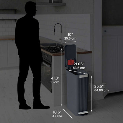 Size perspective image of the iTouchless PE13GG trash can next to a silhouette of a person, displaying its full dimensions in inches and centimeters (41.3 inch height with lid open).