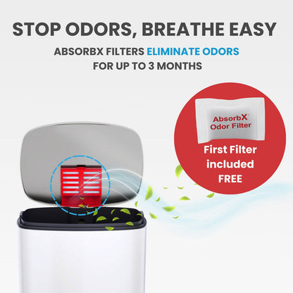 AbsorbX natural carbon odor filter inside ivory white trash can lid eliminates odors and keeps kitchen air fresh.