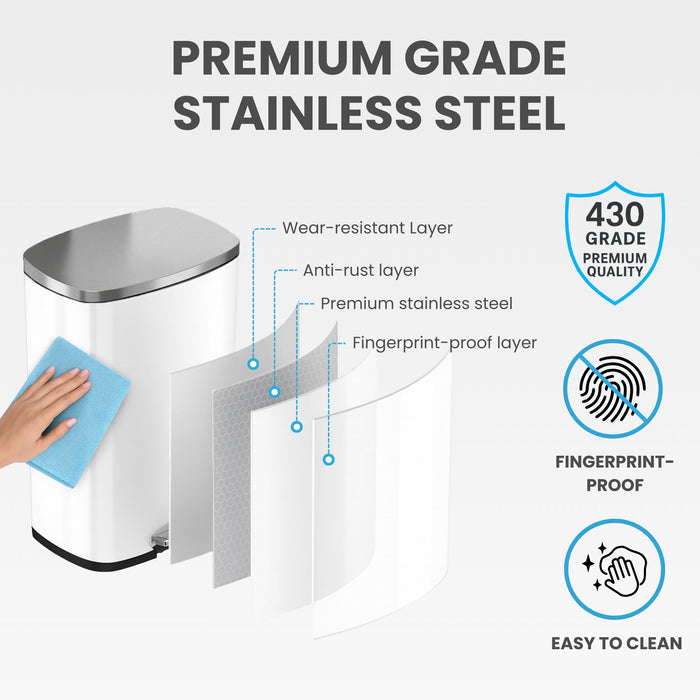Premium 430-grade stainless steel layers on ivory white trash can showing anti-rust, fingerprint-proof finish.