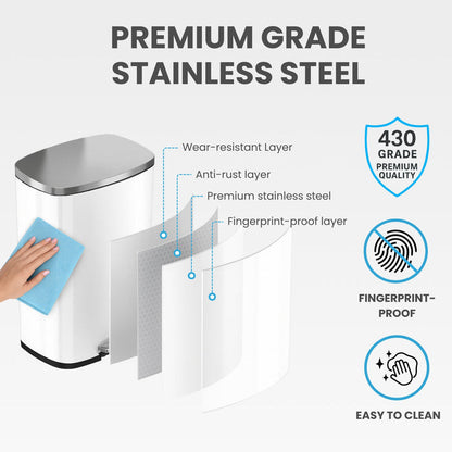Premium 430-grade stainless steel layers on ivory white trash can showing anti-rust, fingerprint-proof finish.